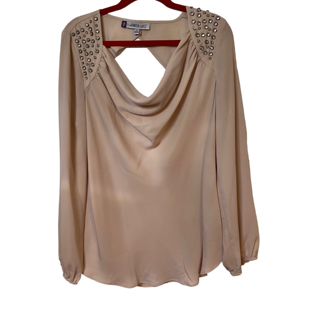 Jennifer Lopez rhinestones shoulder details blush color blouse size M